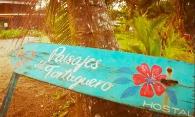 a blue sign with a flower on it next to a tree at Tortuguero Adventures Beach House in Tortuguero