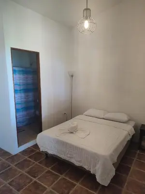a bedroom with a bed and a lamp and a mirror at Hostel Plinio in Manuel Antonio
