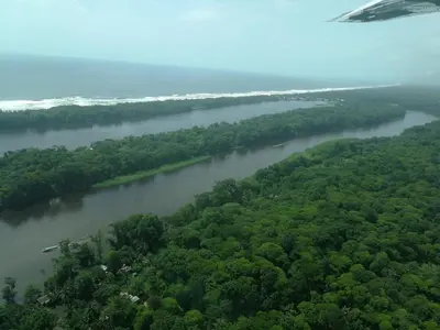 an aerial view of a river from an airplane at All Rankins Eco-Lodge in Tortuguero