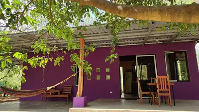 a purple house with chairs and a hammock outside at Casa Coco Playa Marbella with AC, Swimming Pool, Skate Bowl & walking distance Beach for Surfers and Nature Lovers in Marbella