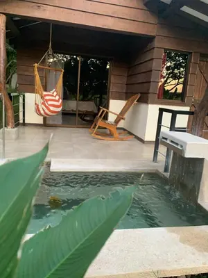 a house with a pool of water and a hammock at Colinas del Miravalles Hotel & Hot Springs in Hacienda Guayabo