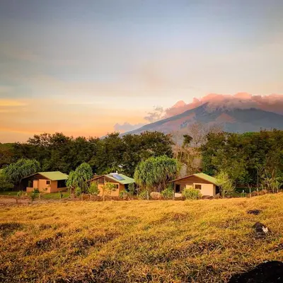a group of houses in a field with a mountain in the background at Colinas del Miravalles Hotel & Hot Springs in Hacienda Guayabo