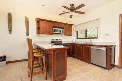 a kitchen with wooden cabinets and a ceiling fan at Vida de la Paz 4 - Oceanview Condo, 2BR, just remodeled, Playa Prieta in Potrero