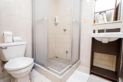 a bathroom with a shower and a toilet and a sink at Hotel Flor Blanca in Manuel Antonio