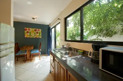 a kitchen with a sink and a large window at Tamarindo Blue Apartments in Tamarindo