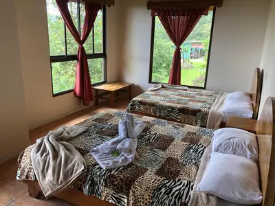 a bedroom with two beds and two windows at Vistaverde Lodge in Monteverde Costa Rica