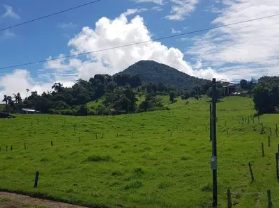 a field of green grass with a mountain in the background at Cabaña Montaña de Sueños in Quesada