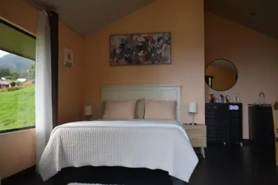 a bedroom with a large bed and a mirror at Cabaña Montaña de Sueños in Quesada