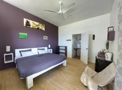 a bedroom with a bed and a ceiling fan at La Colina Pura Vista in Bejuco