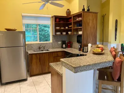 a kitchen with a stainless steel refrigerator and wooden cabinets at Pacific View Condominium in Playa Azul in Playa Azul