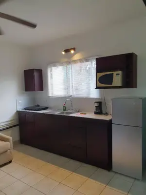 a kitchen with a sink and a refrigerator at Apart Hotel Marina Loft 214 in Coco