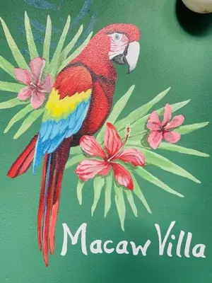 a macaw bird on a sign with flowers on it at Macaw Villa - Riverfront With A Pool in Uvita