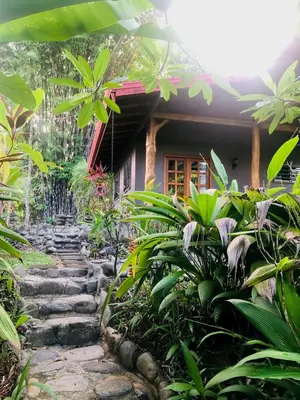 a stone path in front of a house at La Rana Deluxe Villa - Riverfront With A Pool in Uvita
