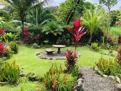 a garden with a bench in the middle of the grass at La Rana Deluxe Villa - Riverfront With A Pool in Uvita
