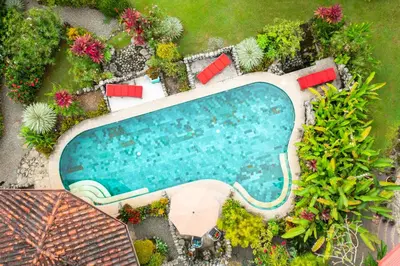 an overhead view of a swimming pool with chairs and umbrellas at La Rana Deluxe Villa - Riverfront With A Pool in Uvita
