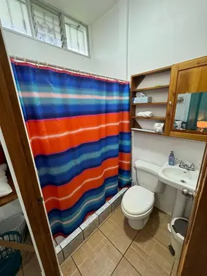 a bathroom with a colorful shower curtain and a toilet at Casa Willow Spacious and relaxing property in Ojochal