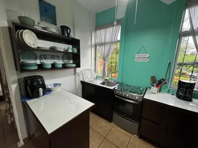a green kitchen with a stove and a sink at Casa Willow Spacious and relaxing property in Ojochal
