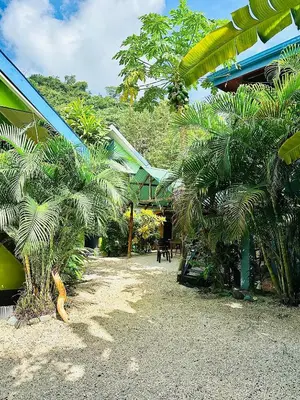 a resort yard with palm trees and a building at Surf Paradise in Santa Teresa Beach