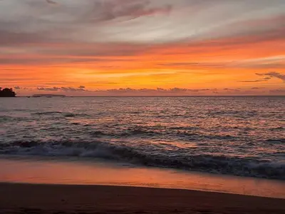 a sunset on the beach with the ocean at Vista Alta Ecolodge Bahia Drake in Drake