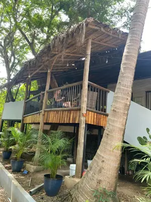 a house with a deck with palm trees at Quinta Esencia in Brasilito