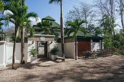 a house with palm trees in front of it at Dream Surf House Avellana in Playa Avellana