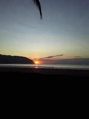 a sunset on a beach with a palm tree at Golf Beach House w/ Pool (5 min. walk to beach!) in Tambor