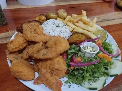 a plate of food with onion rings and french fries at El Valle Mineral Springs in San Ramón