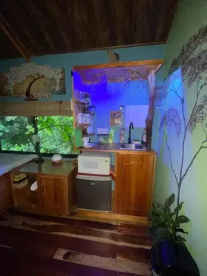 a kitchen with a fish tank in a room at El Valle Mineral Springs in San Ramón