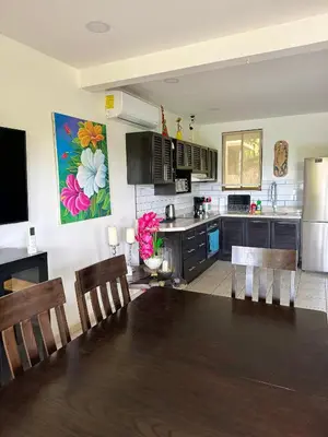 a kitchen with a dining table and a refrigerator at Rooftop Sunset Cove in Liberia