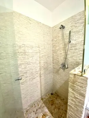 a bathroom with a shower with a tile wall at Modern Condo with a Rooftop Patio in Liberia