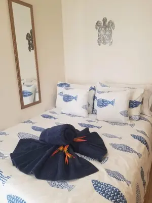 a bed with a large blue bow on it at Turtle's Nest Condo in Liberia