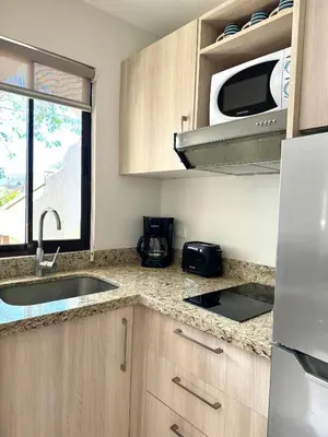 a kitchen with a sink and a microwave at Parakeet Paradise 2nd floor Condo with Rooftop in Coco
