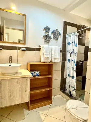a bathroom with a sink and a toilet and a mirror at Ocean Breeze Condo in Coco