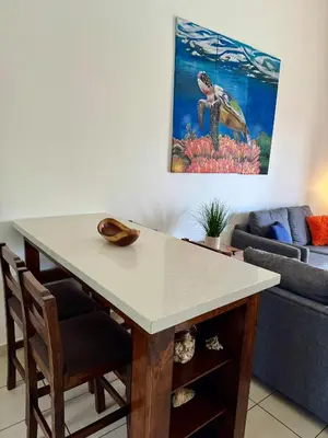a table in a living room with a couch at Coral Reef Condo in Coco