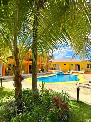 a palm tree in front of a swimming pool at Discounted - Hermosa Paradise Mins from beach in Playa Hermosa