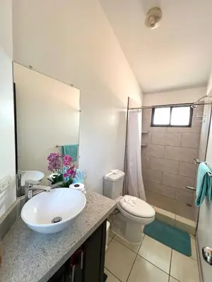a bathroom with a sink and a toilet and a shower at Charming Condo Orchidea in Coco