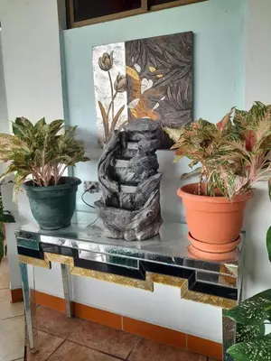 a table with three potted plants on a wall at Natural Pacific Suites, Manuel Antonio-Quepos-Hotel in Manuel Antonio