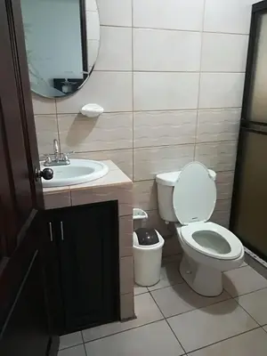 a bathroom with a toilet and a sink and a mirror at Apartamento Lopez y Azofeifa in Portete