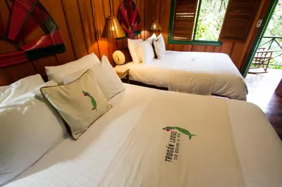 a hotel room with two beds with birds on them at Trogon Lodge in San Gerardo de Dota