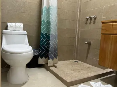 a bathroom with a toilet and a shower at Tuanis Guest House in Tortuguero