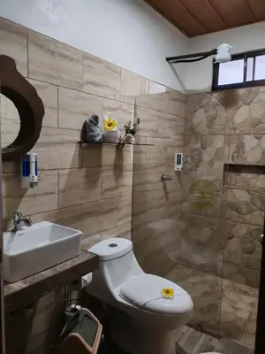 a bathroom with a toilet and a sink and a shower at Gambas Lodge in Fortuna