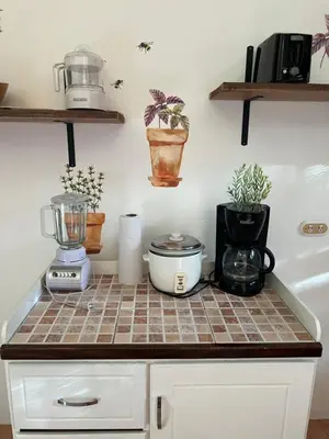 a kitchen counter with plants and a blender on it at Mariposa End Unit Loft in Coco