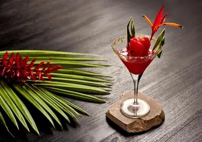 a drink in a martini glass sitting on a table at Vista Celestial in Uvita