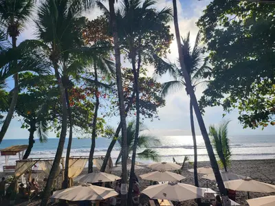a beach with palm trees and umbrellas and the ocean at Jaco Bay 4903 Three bdrm Suite Spectacular Views Pool in Jacó