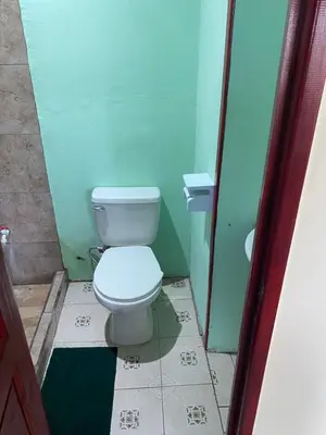 a bathroom with a toilet and a green wall at HOSTEL CASA MARINA in Puerto Limón