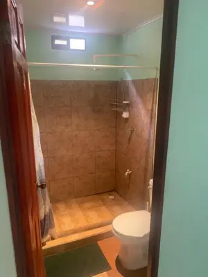 a bathroom with a shower and a toilet at HOSTEL CASA MARINA in Puerto Limón