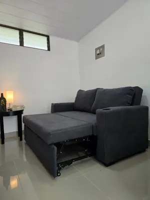a gray couch in a living room with a table at EcoStudio in San José