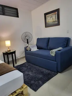 a blue couch in a living room with a fan at EcoStudio in San José