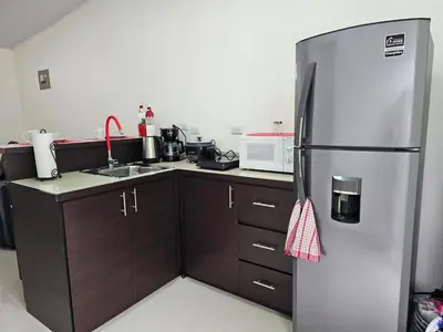 a kitchen with a stainless steel refrigerator and wooden cabinets at EcoStudio in San José