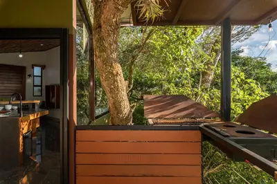 an outdoor kitchen with a grill and a tree at Finca Sunset Monteverde in Monteverde Costa Rica